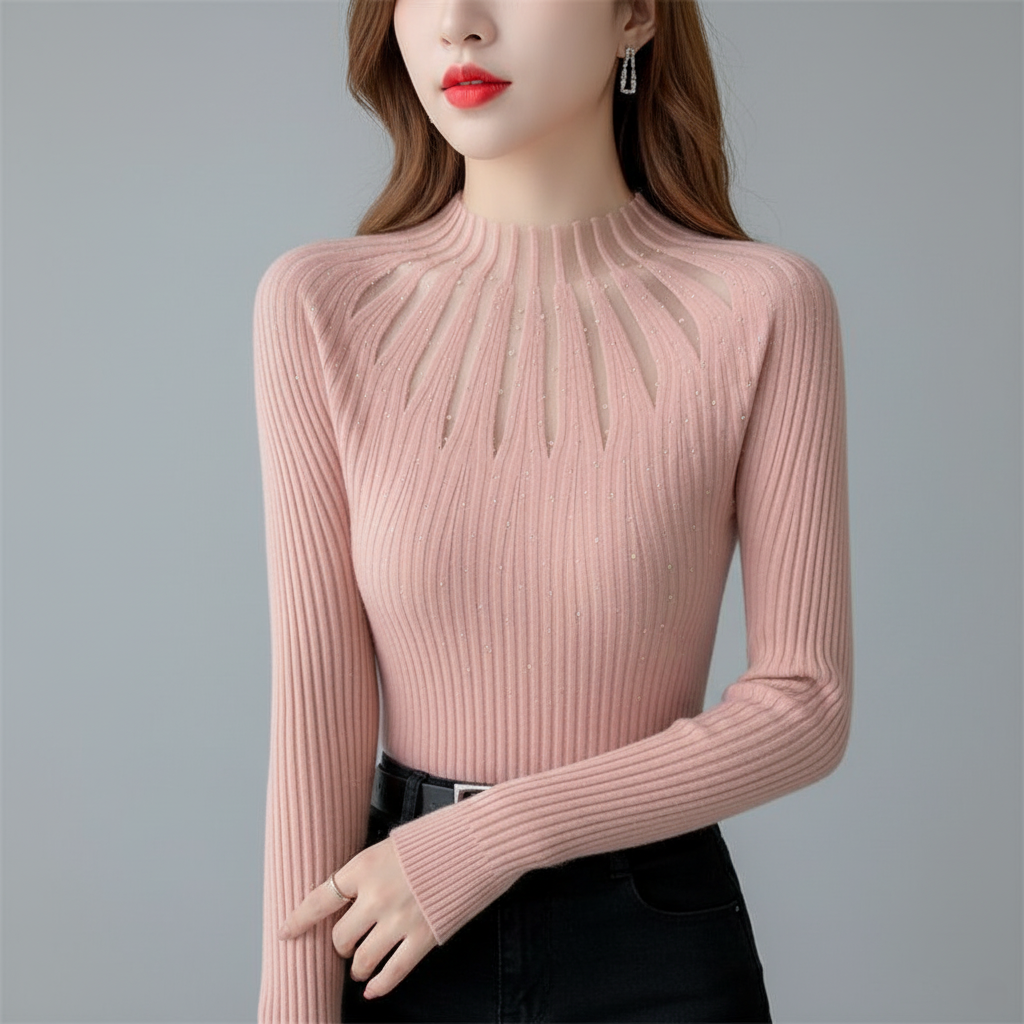 Women's ribbed knit top with elegant cutout detail, stretchy polyester blend for all-day comfort