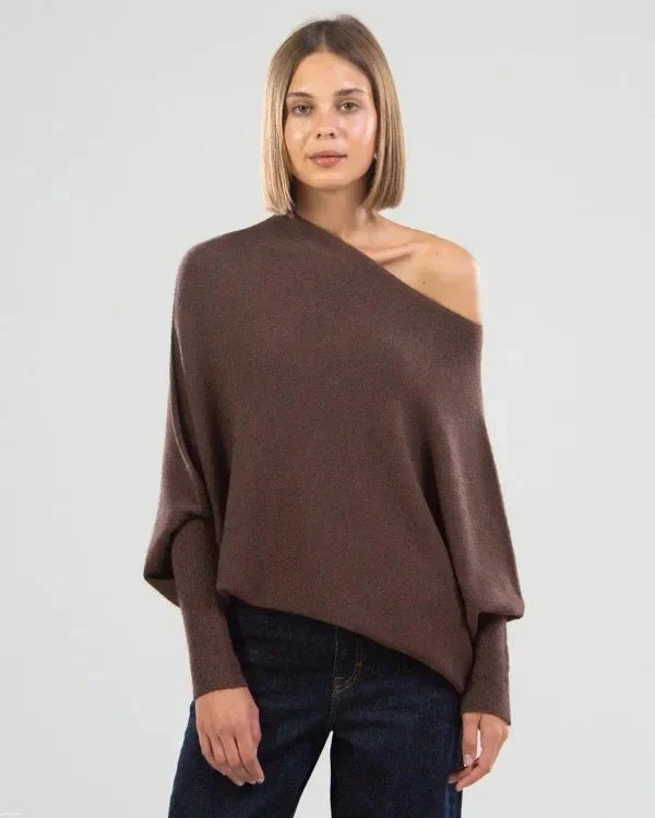 Women's asymmetric off-shoulder knit sweater, loose draped silhouette with suspender detail
