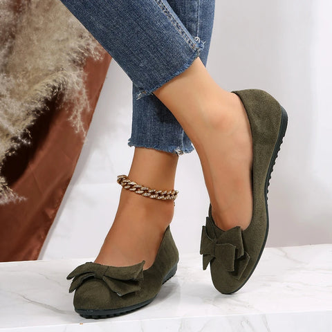 Women's classic ballet flats with bow accent, nude beige slip-on spring shoes smooth finish
