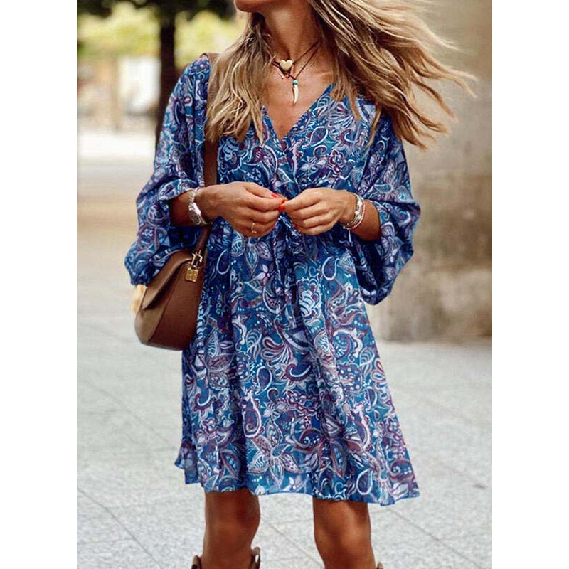Women's bohemian summer dress, flowy silhouette, relaxed fit, sustainable everyday style