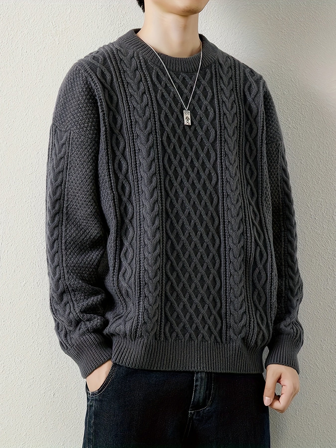 Men's cream cable knit jumper with high-density premium knit and reinforced stitching