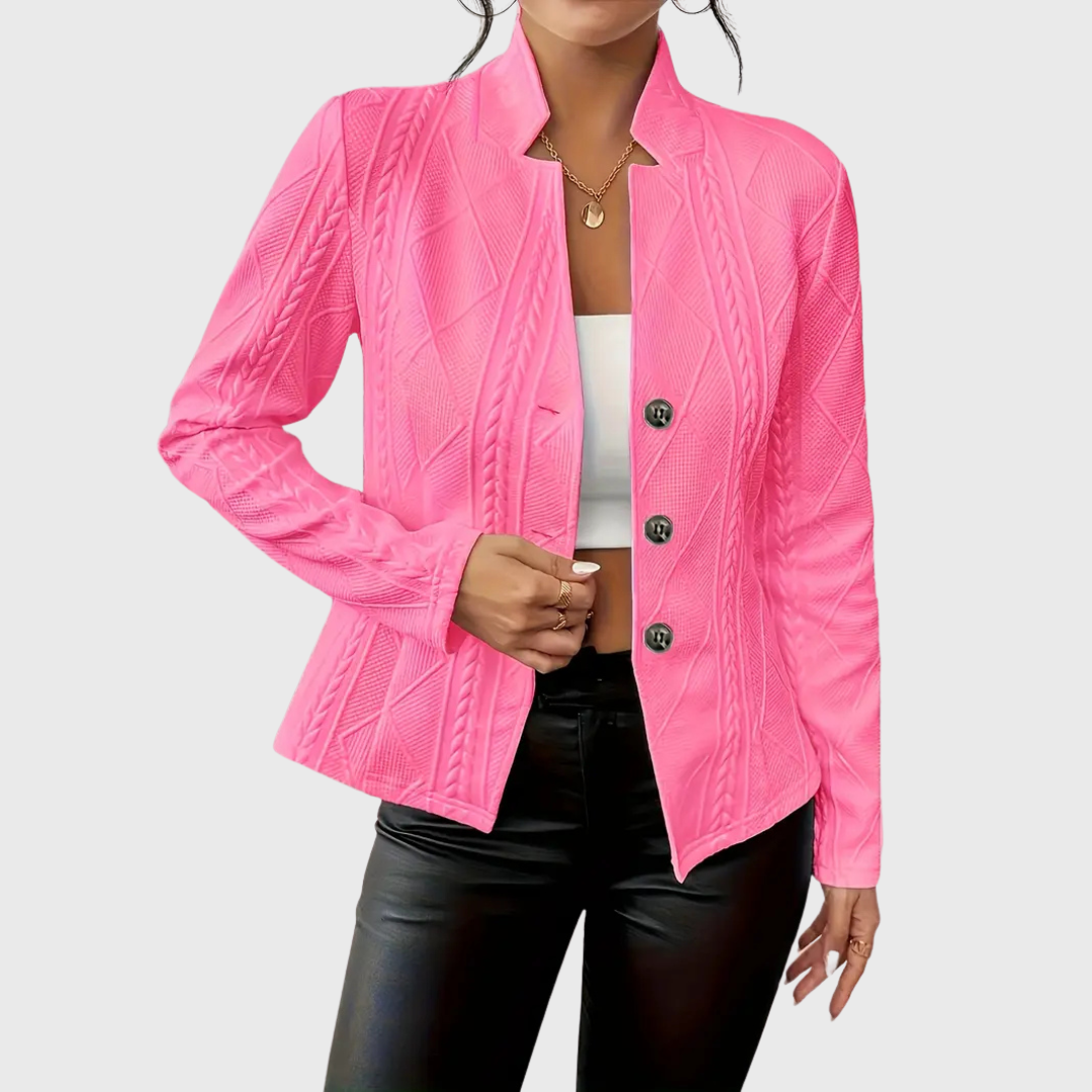 Women's structured fitted jacket with button closure, waist-defining cut for office and evening elegance