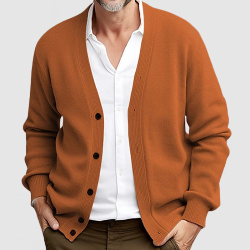Men's classic knit V-neck sweater with button placket, versatile layering style for everyday wear