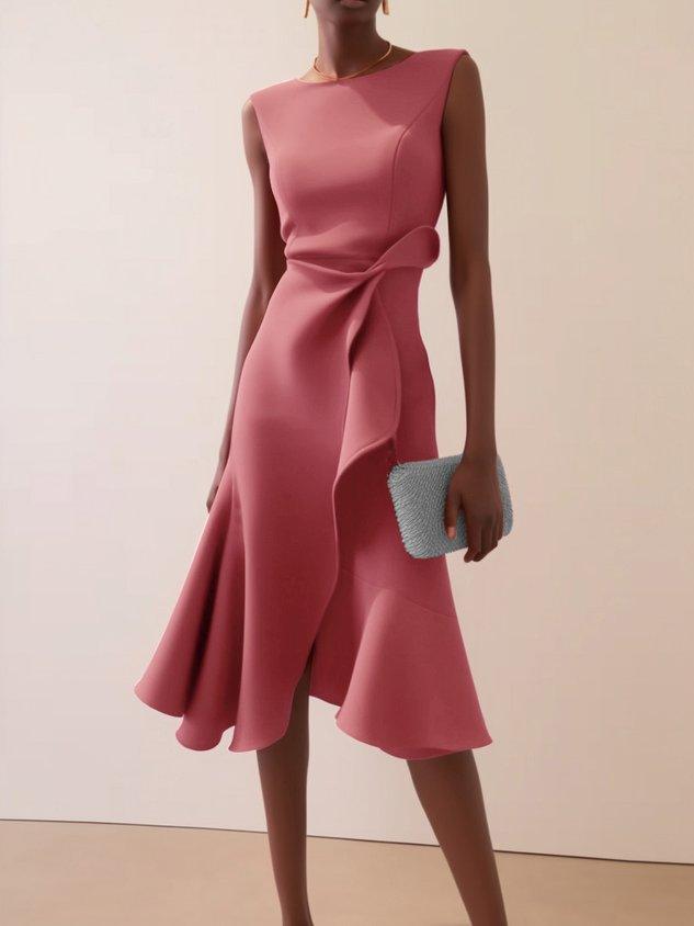 Red sleeveless midi dress with ruched twist waist, A-line silhouette, rich red hue, day-to-night style