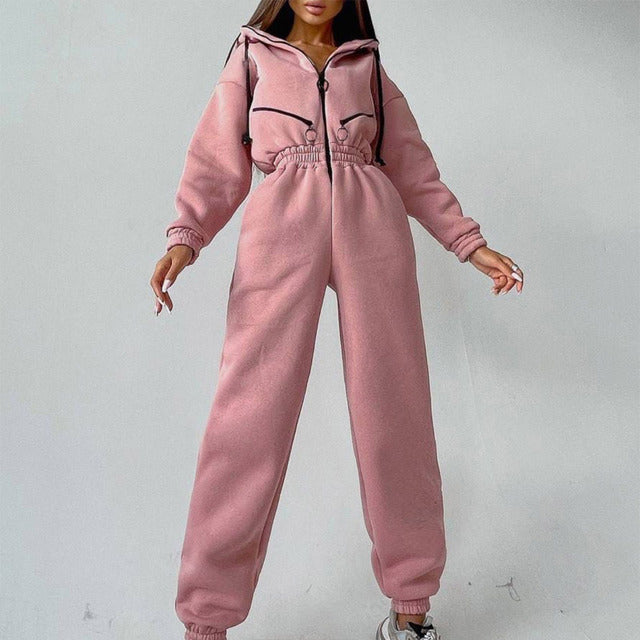 Women's hoodie two-piece set in spandex with stand-up collar, casual athleisure stretch fit