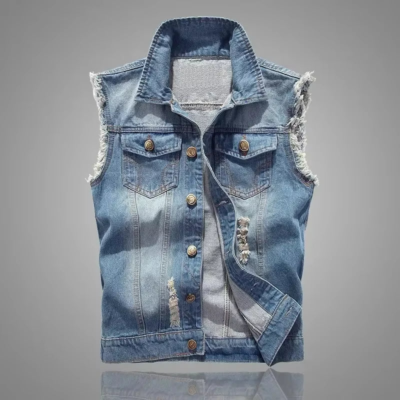 Unisex heavyweight distressed denim vest with raw-cut armholes and functional chest pockets