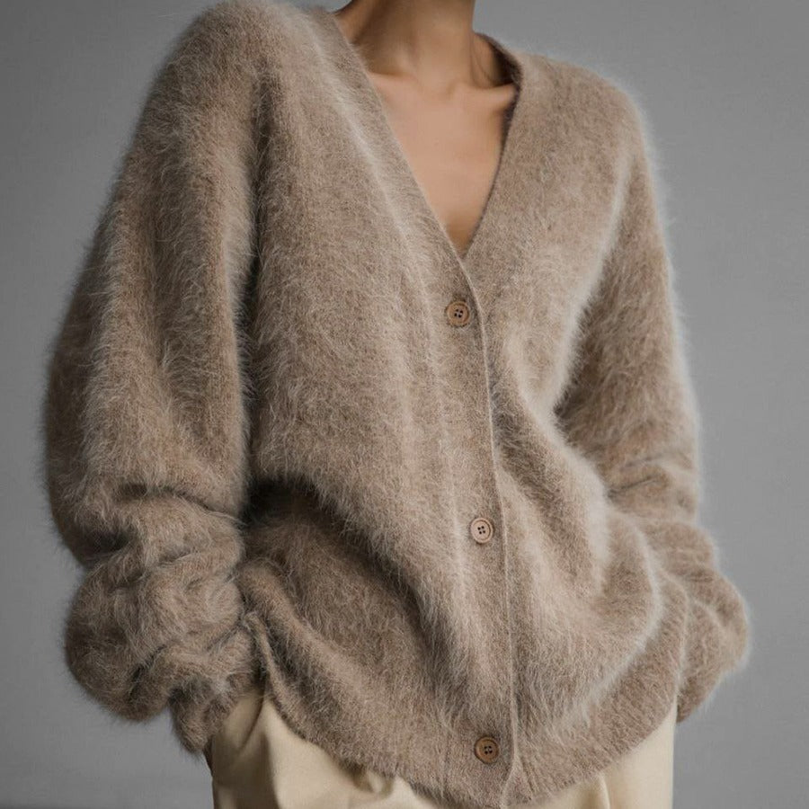 Women's oversized mohair-blend sweater in neutral beige with fluffy lightweight knit texture