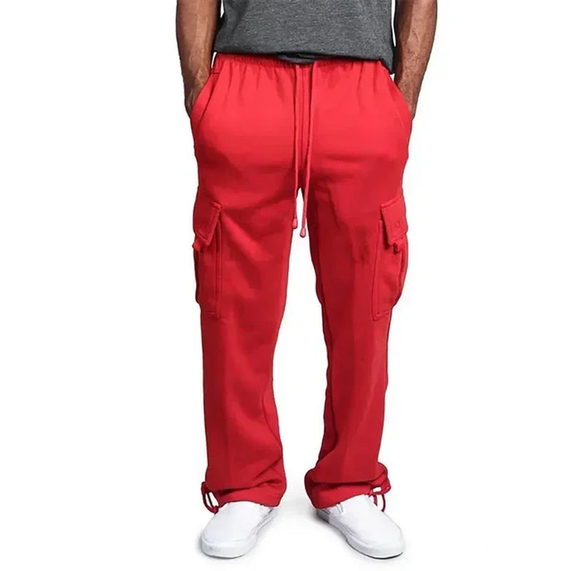 Men's gray fleece cargo sweatpants relaxed fit with adjustable drawstring waist and cargo pockets