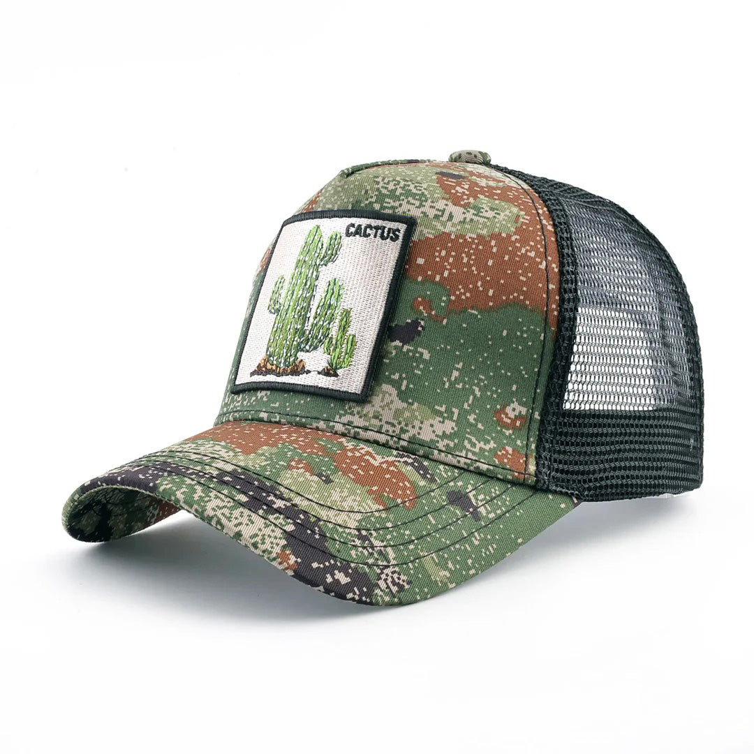 Hunter camouflage trucker hat with custom embroidered patch, pixelated desert camo snapback outdoor cap