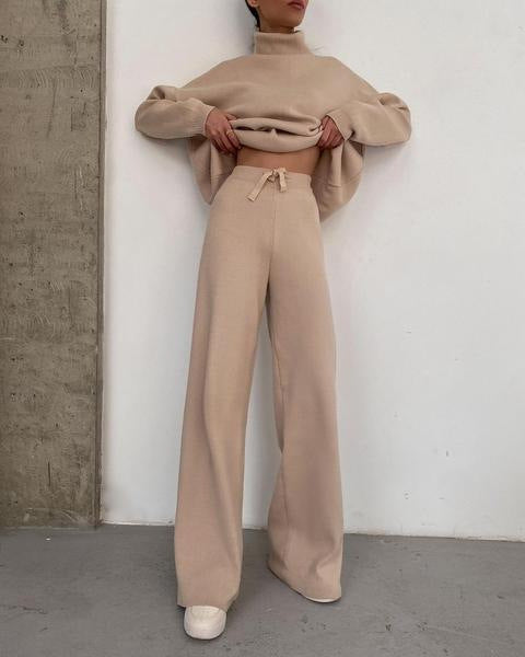 Women's loose-fit cotton knit two-piece set solid color casual suit with relaxed silhouette