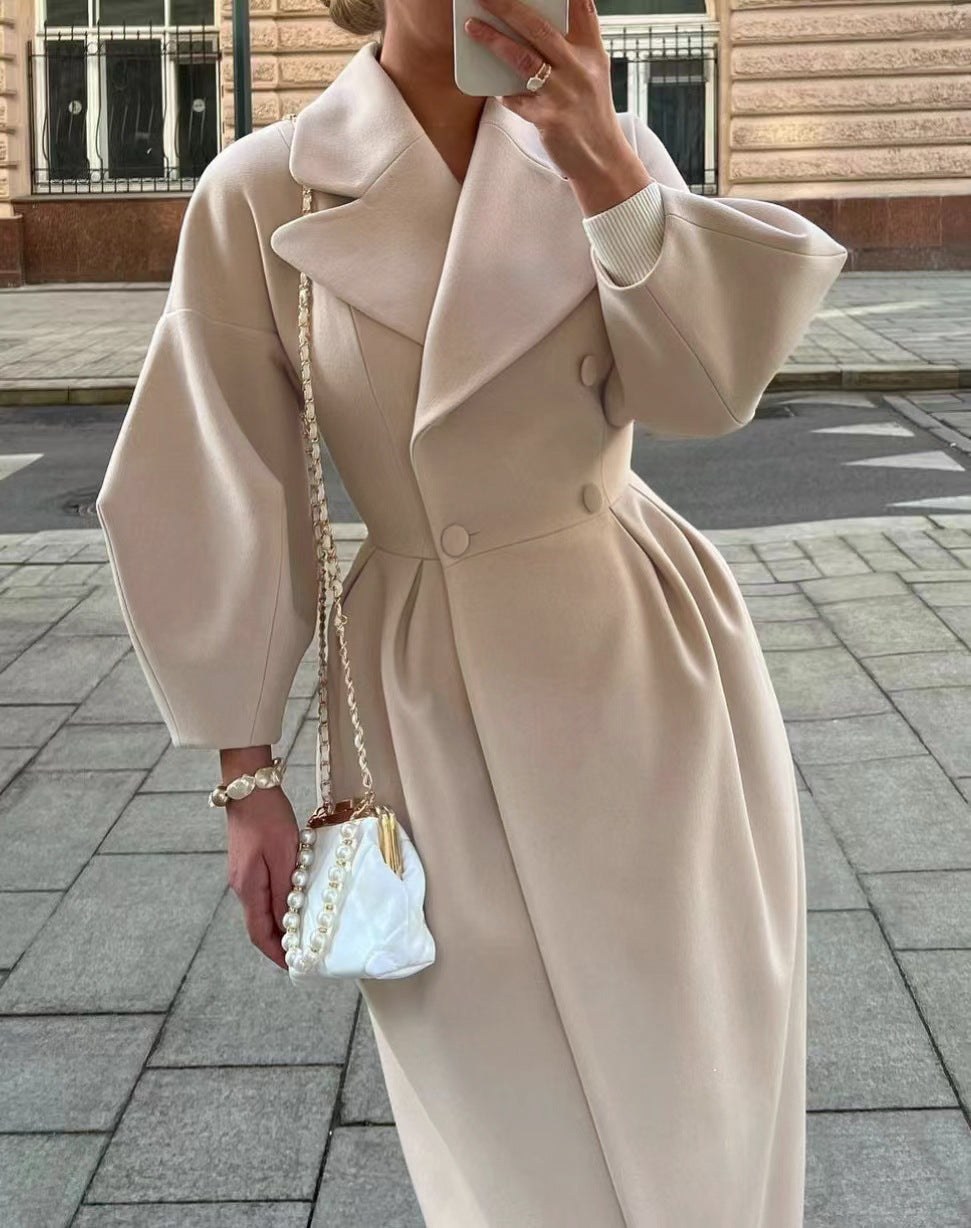 Women's vintage long coat with lantern sleeves, retro elegant silhouette, oversized statement collar