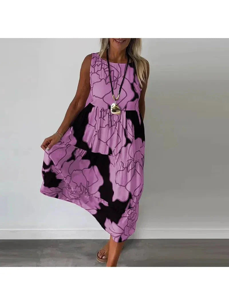 Sleeveless floral maxi dress women boatneck flattering fit lightweight breathable summer elegance