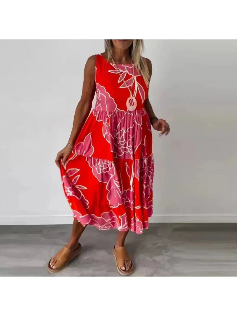 Women's sleeveless floral maxi dress boatneck flattering fit lightweight breathable fabric summer elegant