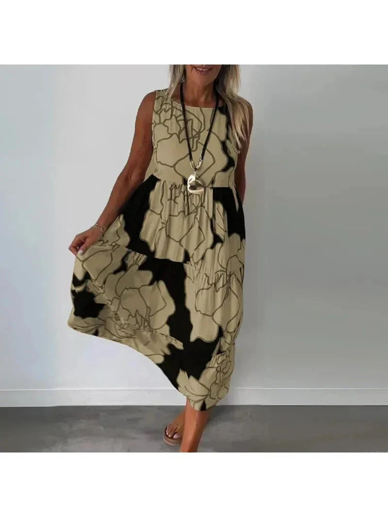 Sleeveless floral maxi dress boatneck cut lightweight breathable fabric vibrant colors flattering summer fit