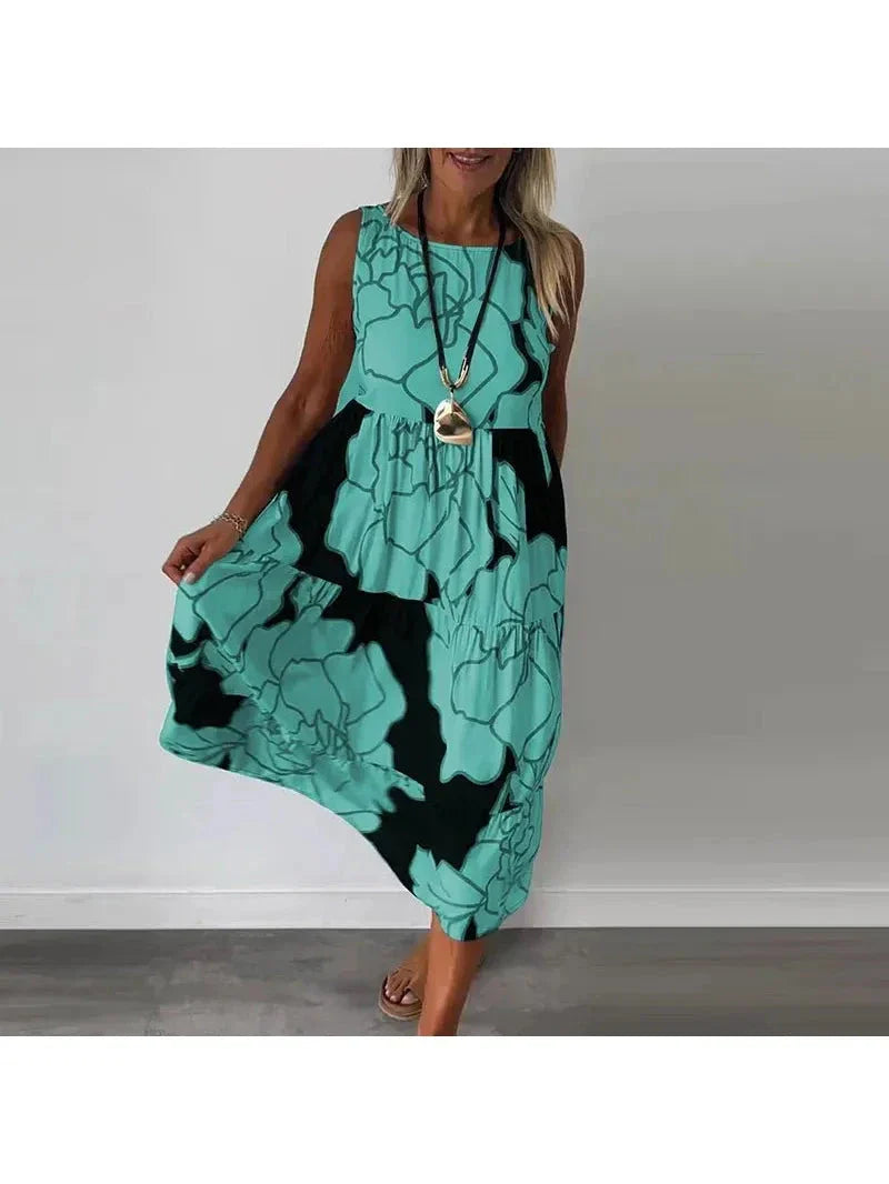 Women's sleeveless floral maxi dress boatneck flattering fit lightweight breathable fabric summer elegance