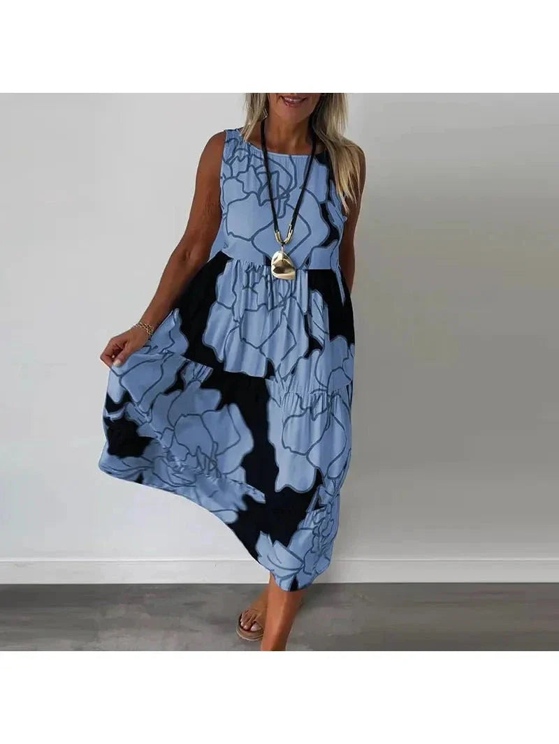Sleeveless floral maxi dress women boatneck flattering fit lightweight breathable summer elegance