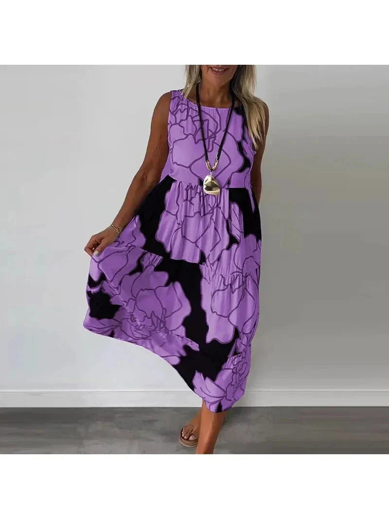 Floral sleeveless maxi dress boatneck cut lightweight breathable fabric vibrant summer elegance