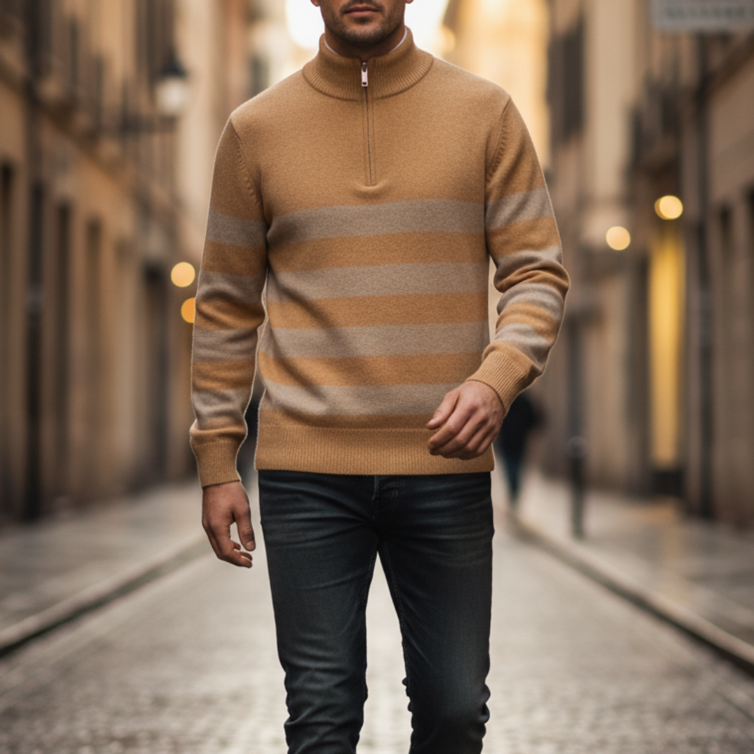 Men's half-zip striped knit sweater casual cozy fit with horizontal stripe pattern for everyday wear