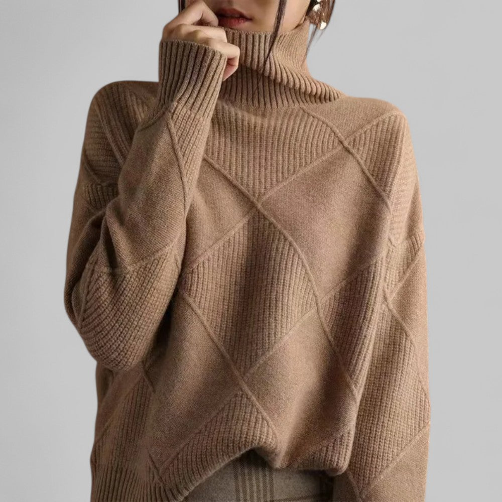 Violet women's turtleneck sweater with diamond-knit pattern, cozy winter style in rich purple hue
