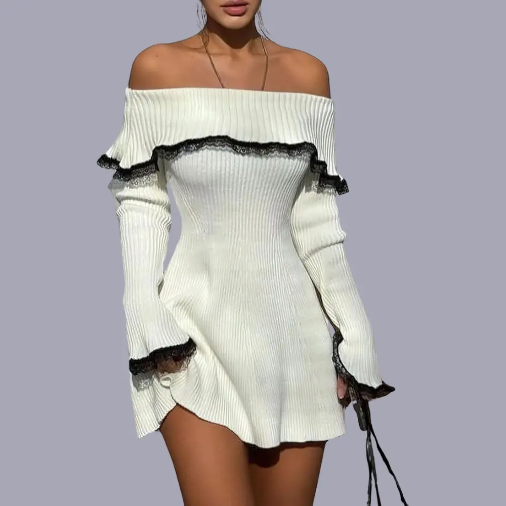 Cream off-the-shoulder knit sweater dress with cozy soft fabric and elegant everyday silhouette