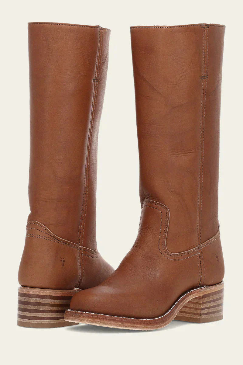 Women's brown premium leather mid-calf Western boots with classic stitching detail and stacked heel