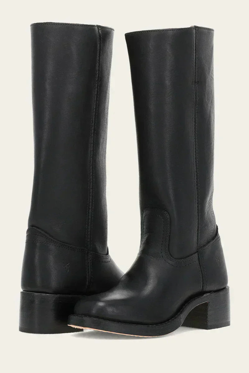 Women's mid-calf western cowboy boots in classic tan leather with stacked block heel and minimal stitch