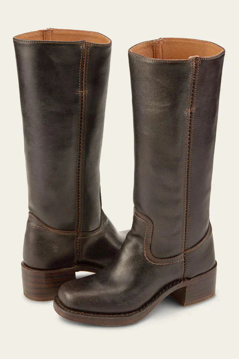 Women's brown premium leather mid-calf western boots with authentic stitching details and classic silhouette