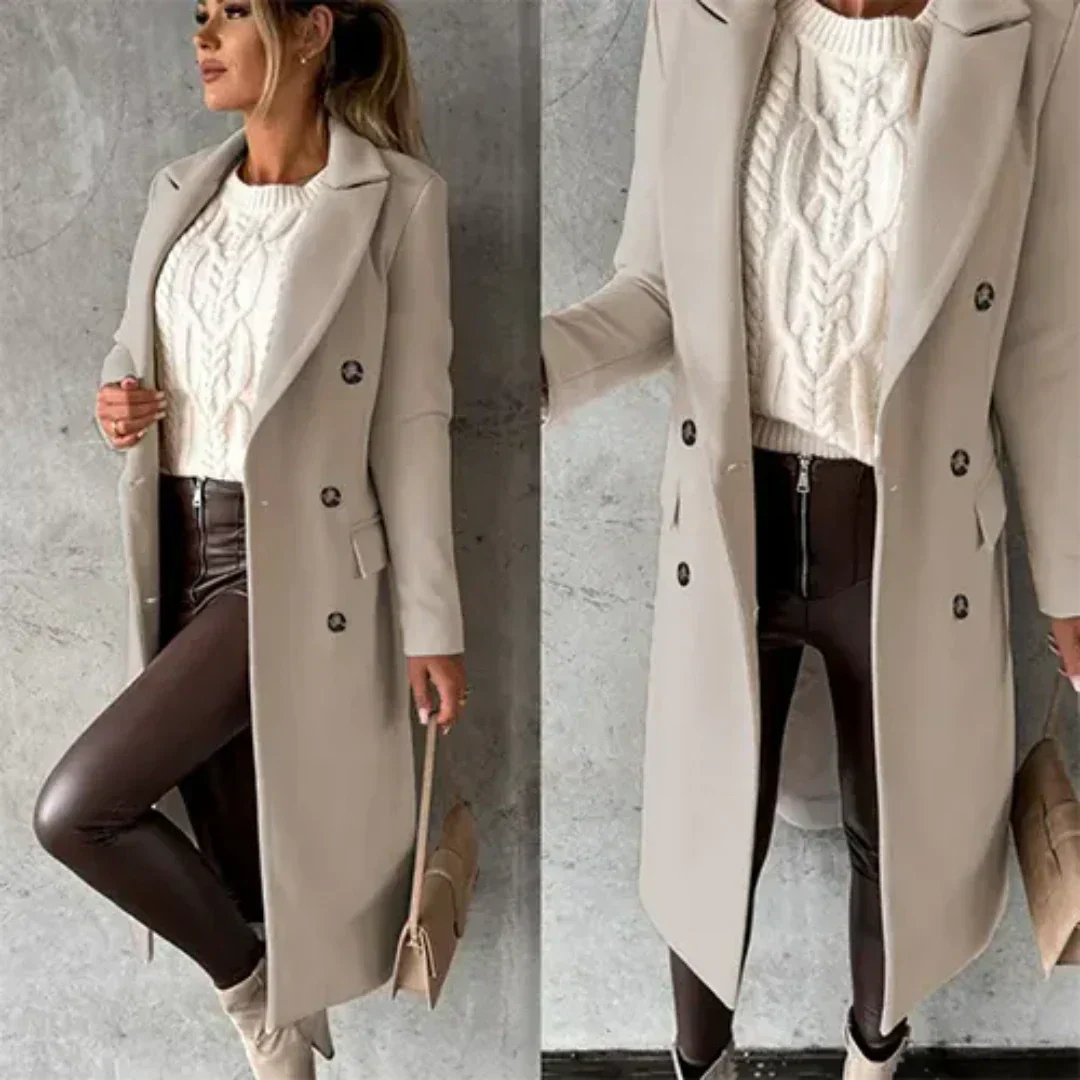 Women's double-breasted winter trench coat with notched collar for a polished silhouette