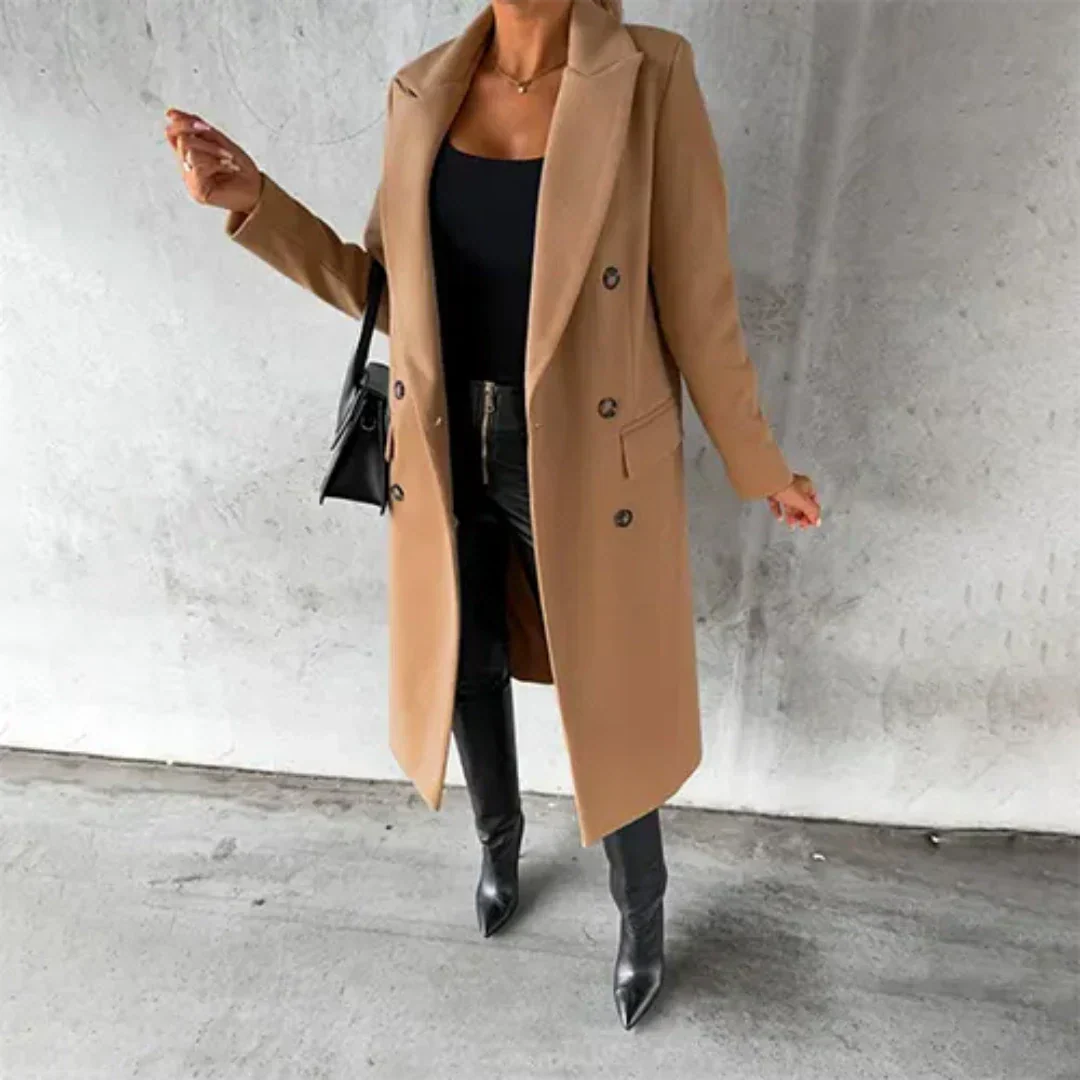 Women's winter trench coat in classic double-breasted design with notched collar for a polished silhouette