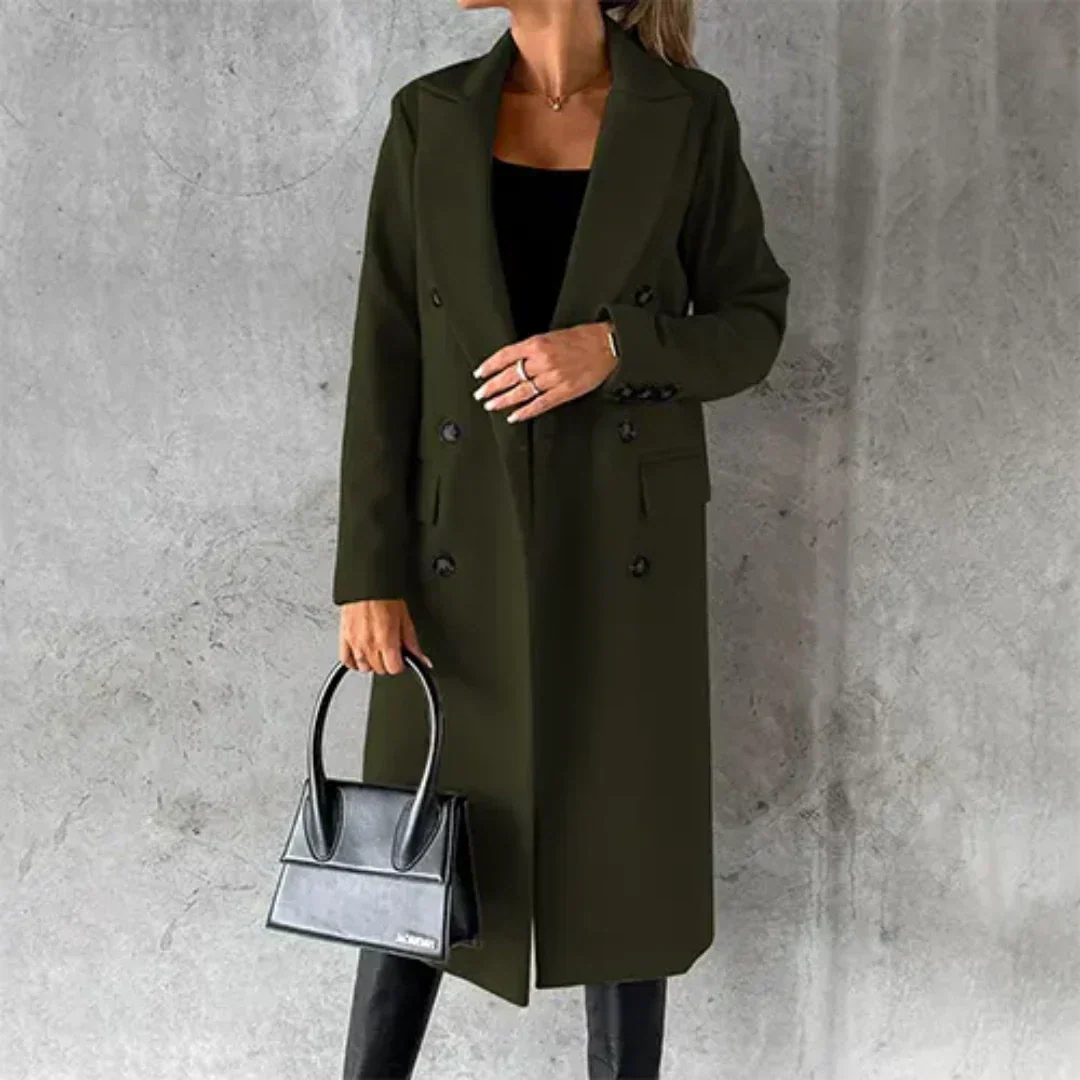 Women's winter trench coat in classic beige, double-breasted notched collar polished silhouette