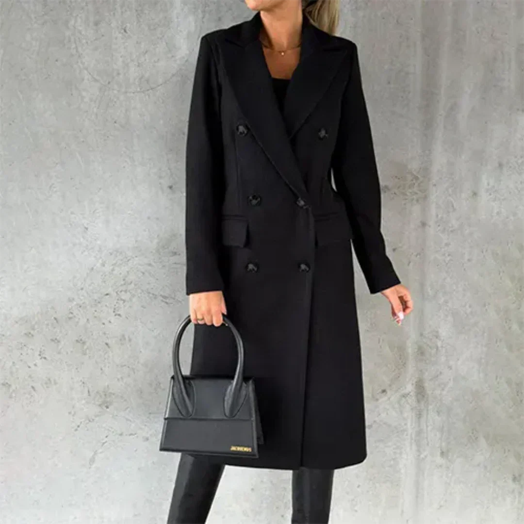 Women's double-breasted winter trench coat with notched collar for a polished silhouette