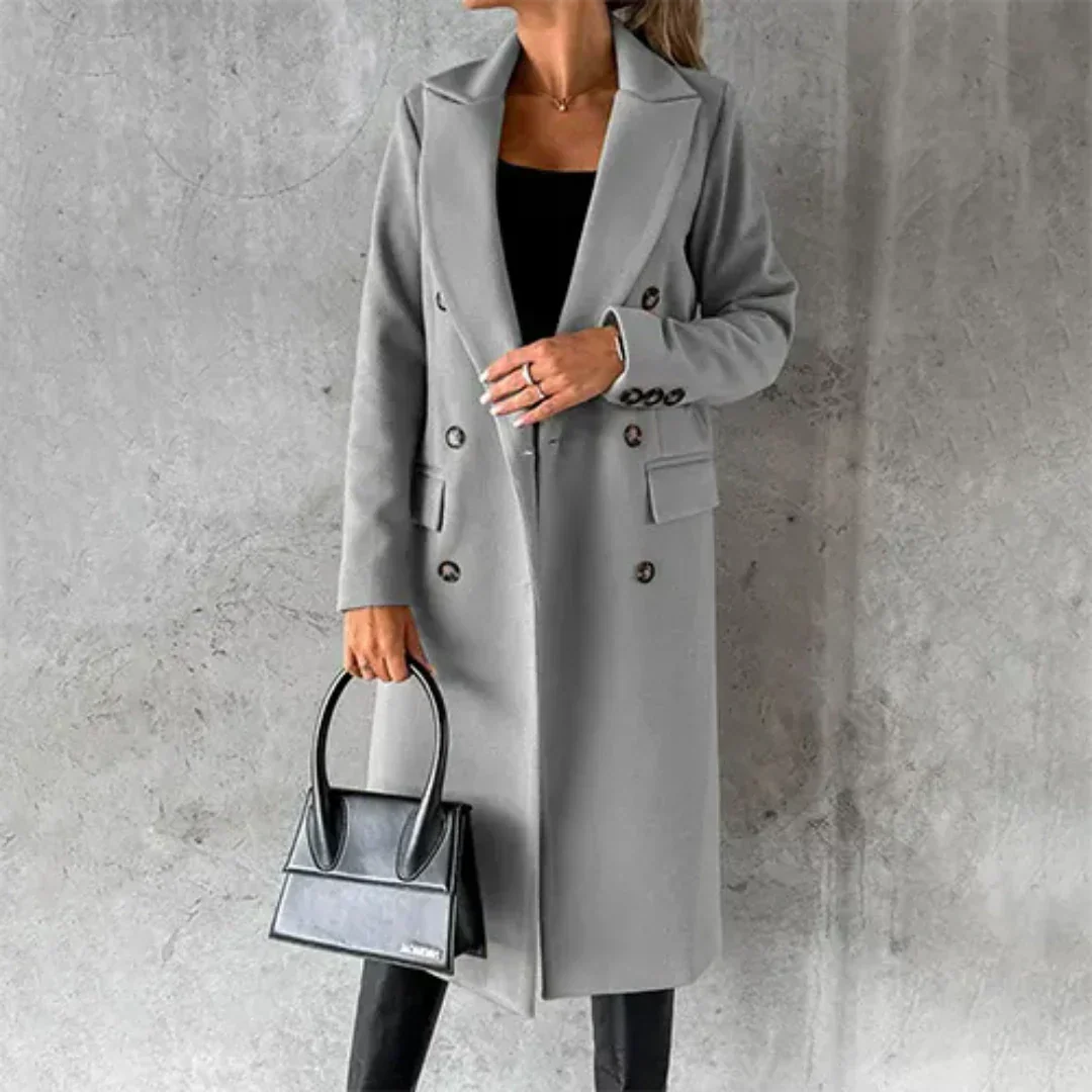Women's winter trench coat in classic beige, double-breasted notched collar, polished tailored silhouette