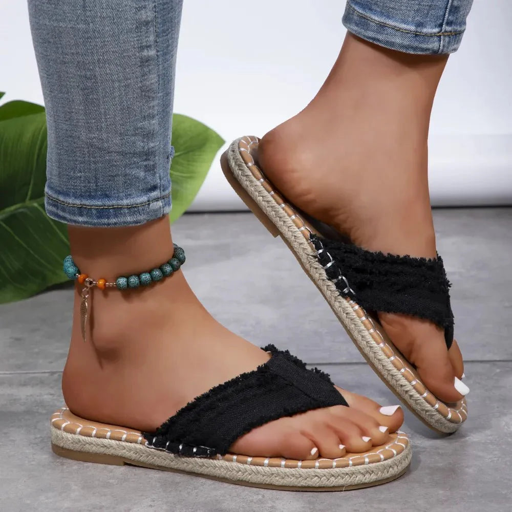 Women's canvas thong sandals flat slip-on with frayed straps and plush cushioned footbed for beach