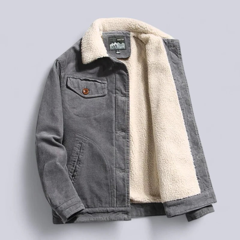 Men's brown corduroy jacket fleece-lined heavy-duty outer shell rugged structured fit for cold weather
