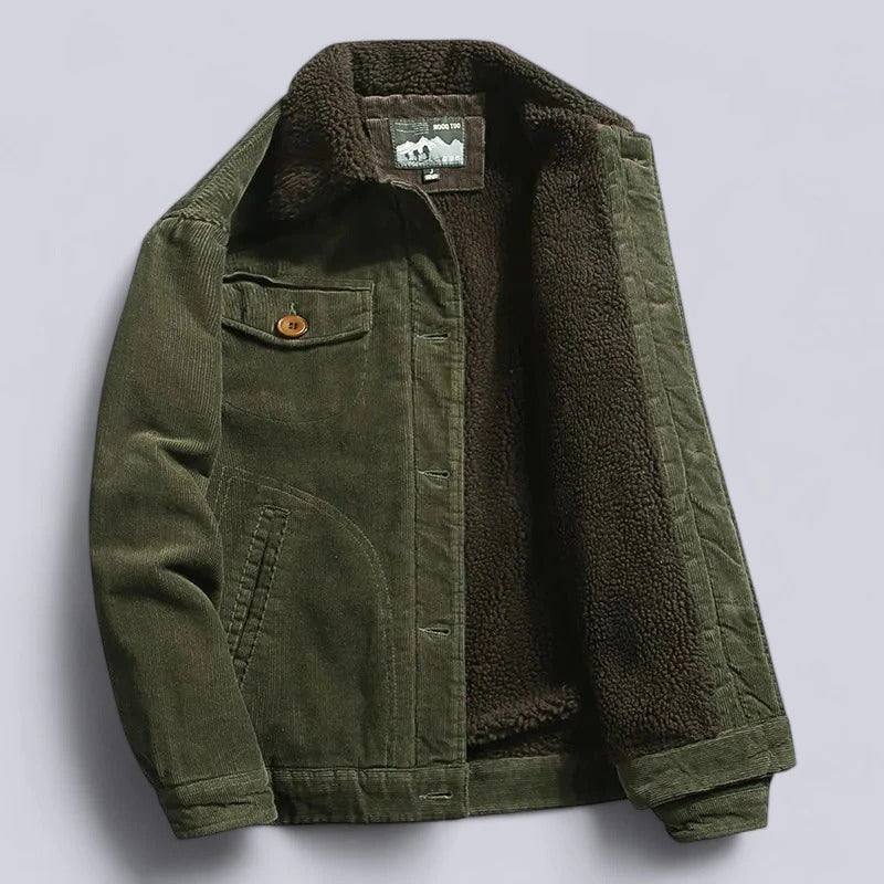 Men's brown corduroy jacket fleece-lined heavy-duty outer shell rugged structured fit for cool weather