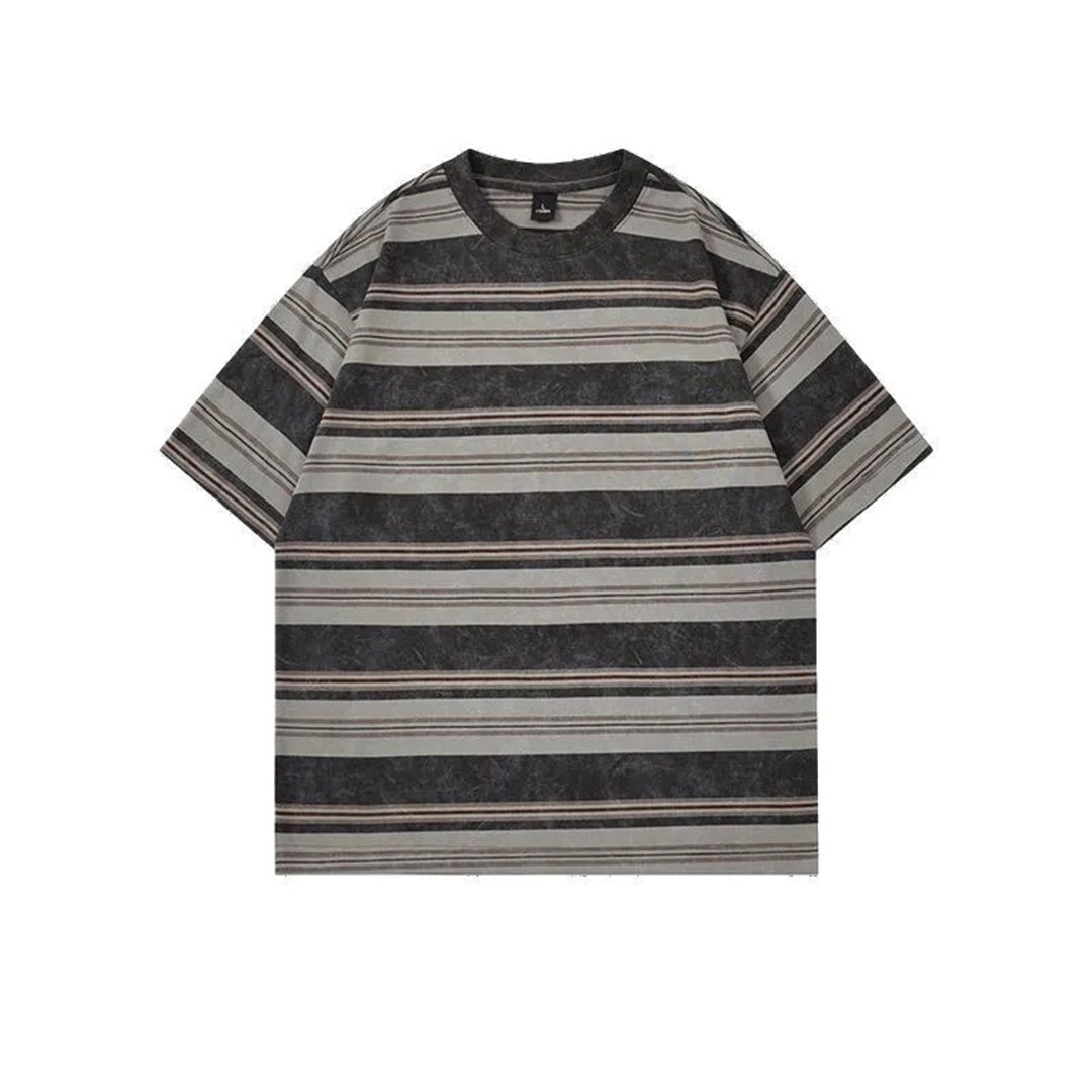 Vintage oversized unisex tee with sun-faded stripes, distressed wash, and relaxed 90s crew-neck silhouette