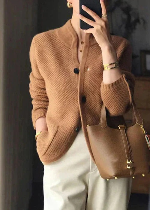 Beige open-front knit cardigan cozy relaxed silhouette soft fabric effortless layering style