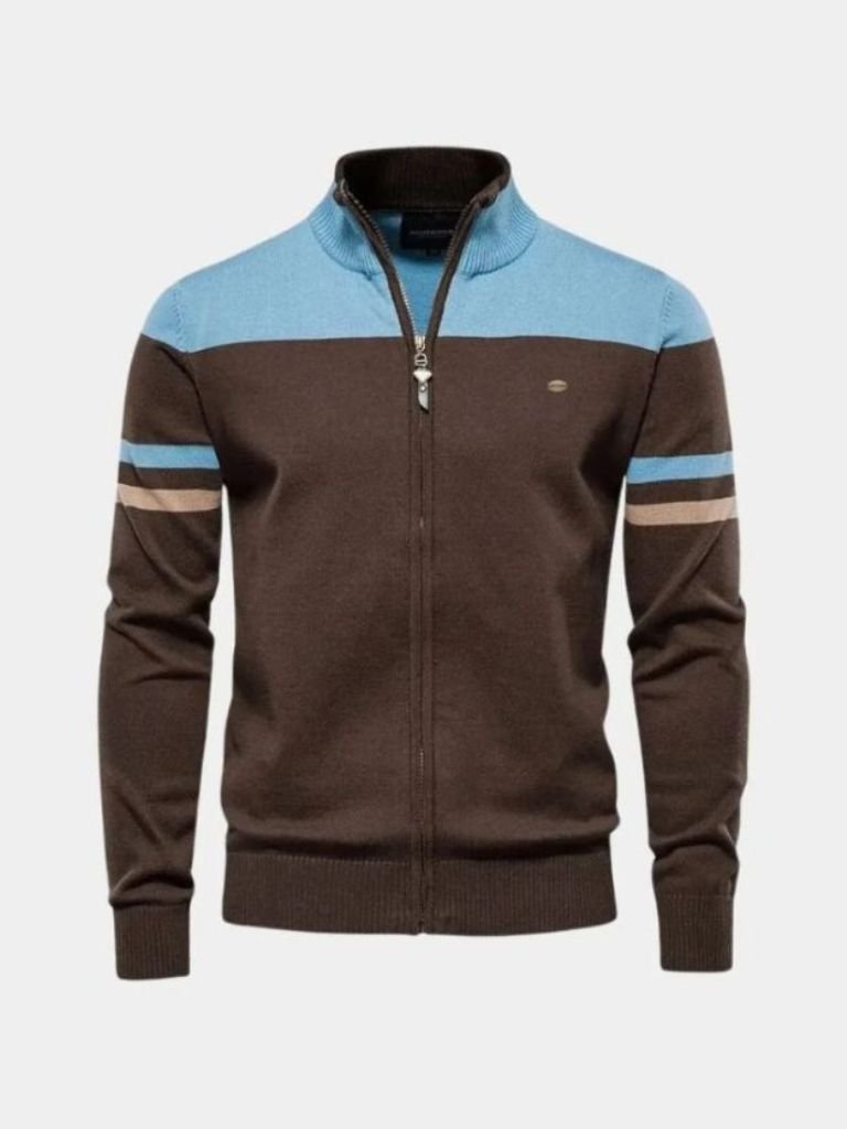 Colorblock zip-up knit sweater with stand collar, ribbed cuffs, full-zip front, unisex relaxed fit