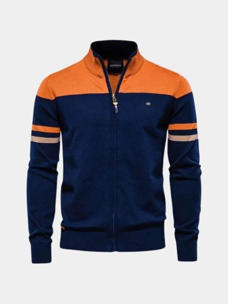 Colorblock zip-up knit sweater with stand collar, ribbed cuffs, full-zip front, unisex relaxed fit