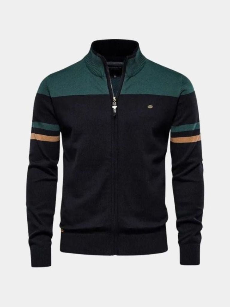 Colorblock zip-up knit sweater with stand collar, ribbed cuffs, full-zip front, unisex relaxed fit