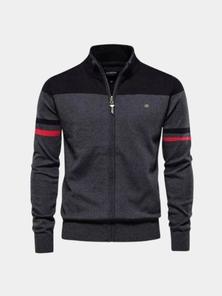 Colorblock zip-up knit sweater with stand collar, ribbed cuffs, full-zip front, unisex relaxed fit