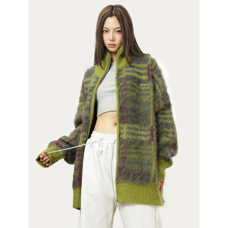 Women's fuzzy knit cardigan oversized vintage style soft fluffy full-zip relaxed cozy sweater