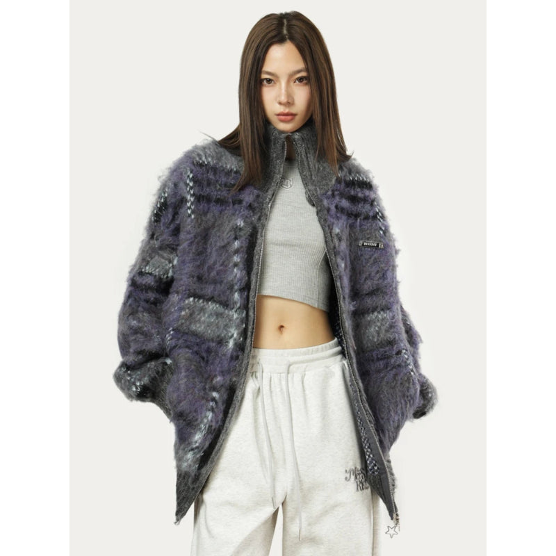 Women's fuzzy knit cardigan oversized vintage style full-zip cozy fluffy soft plush sweater