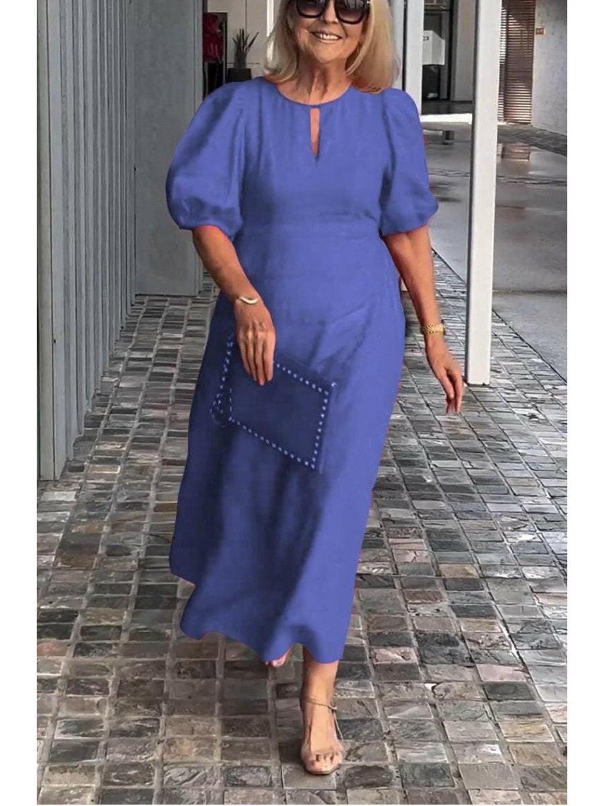 Carla elegant midi dress with chic puff sleeves, timeless formal style in classic silhouette