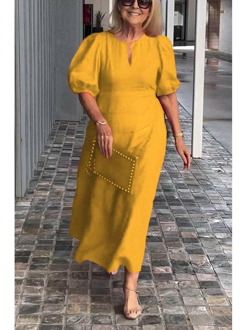 Carla elegant midi dress with puff sleeves, flattering silhouette for formal events, timeless style