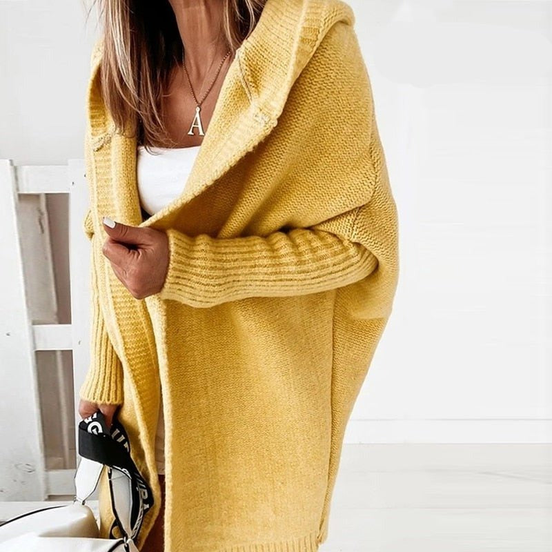 Women's oversized hooded longline knit cardigan open-front chunky wool blend cozy neutral layering piece