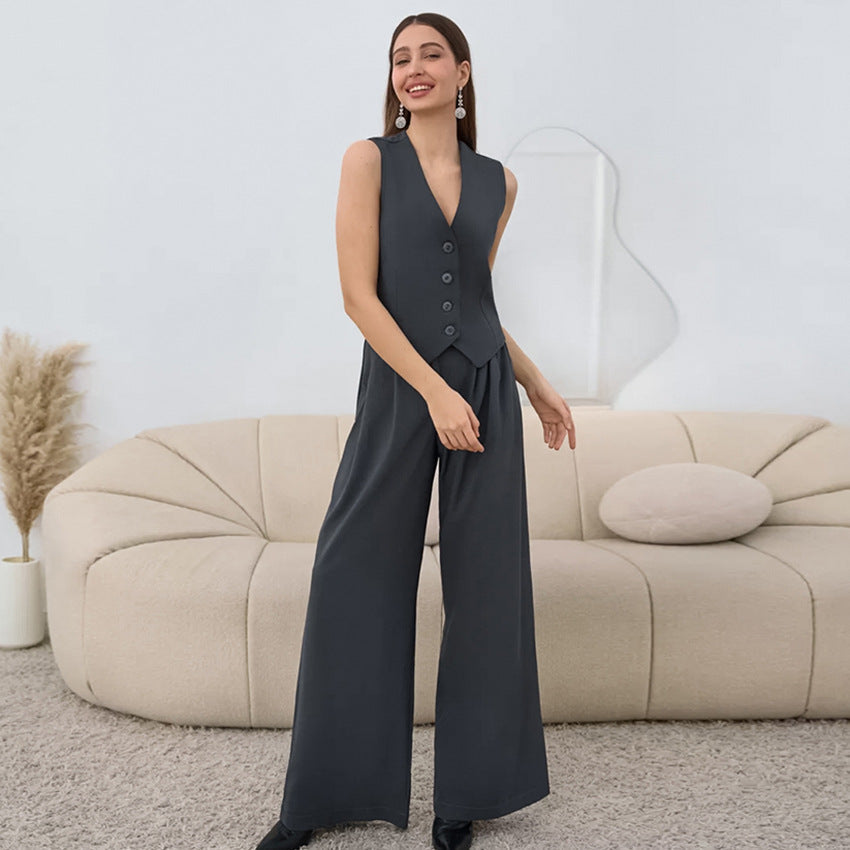 Women's black sleeveless vest high-waist trousers set chic two-piece coordinated officewear