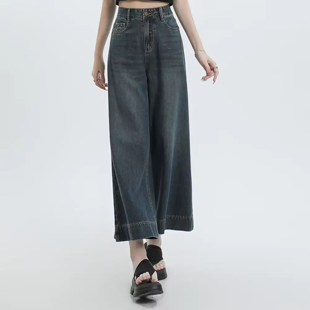 Cassandra washed blue wide leg denim jeans loose ankle length relaxed fit streetwear