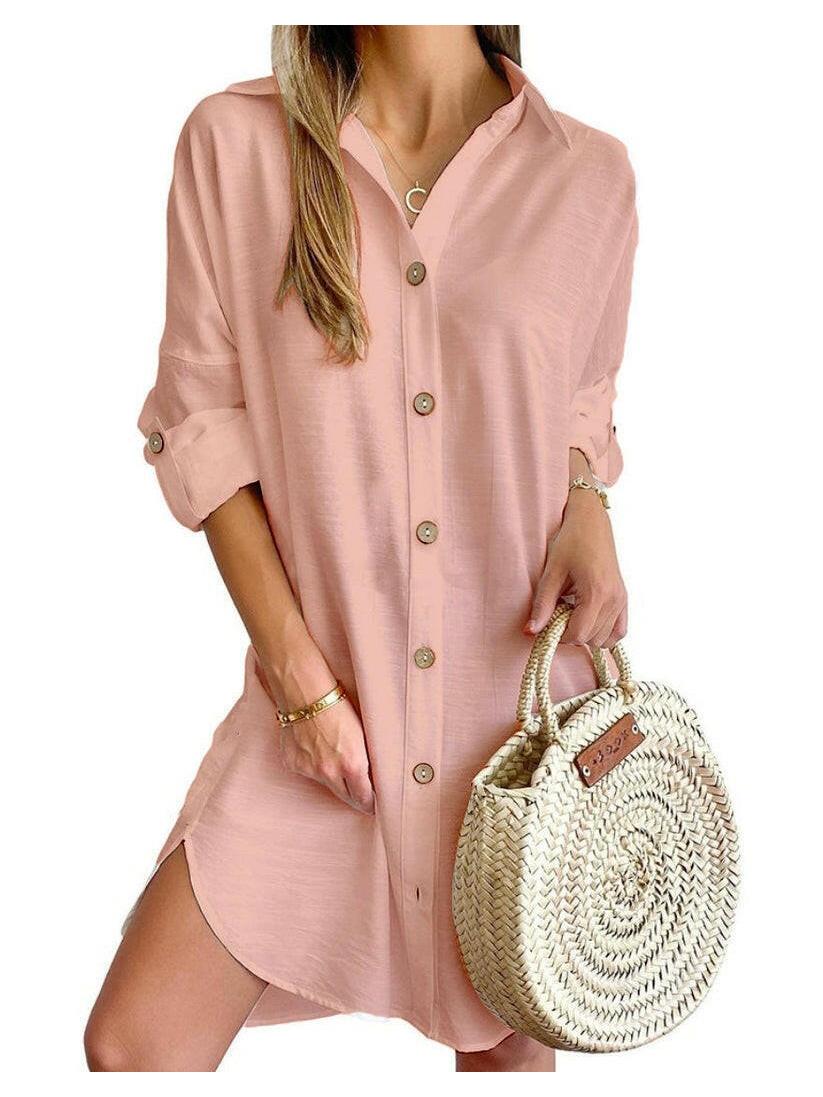 Cassy women's button-up shirt dress relaxed fit with roll-up sleeves for beach and casual wear