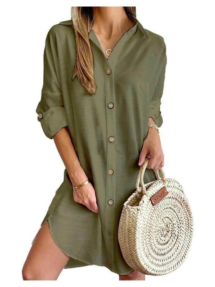 Cassy women's button-up shirt dress relaxed fit with roll-up sleeves for beach and casual wear